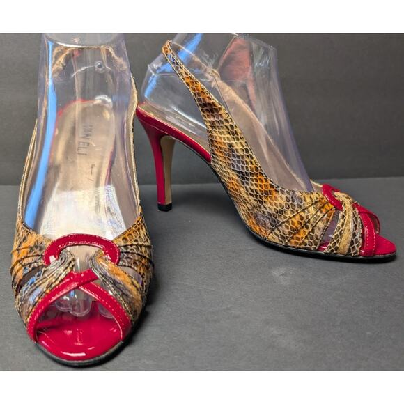 Vaneli Red Patent Leather Snakeskin Heels WOMENS SIZE 9N Dressy 3.5" Peep Toe - Picture 1 of 11